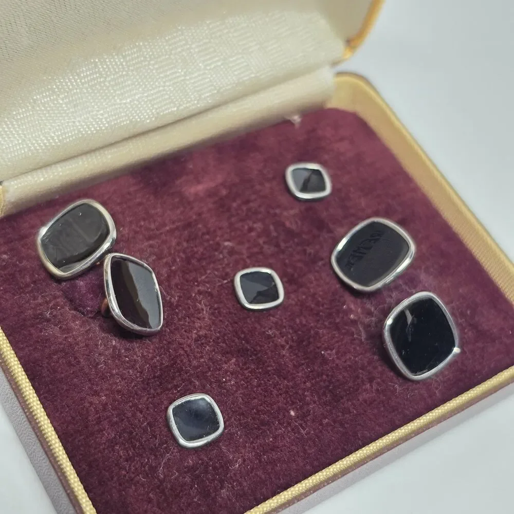 Vintage Krementz Art Deco Cufflink & Stud Set with Black Onyx In Original Case